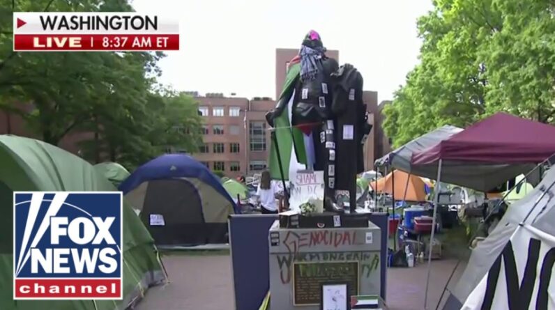 George Washington statue draped in Palestinian flag on DC campus